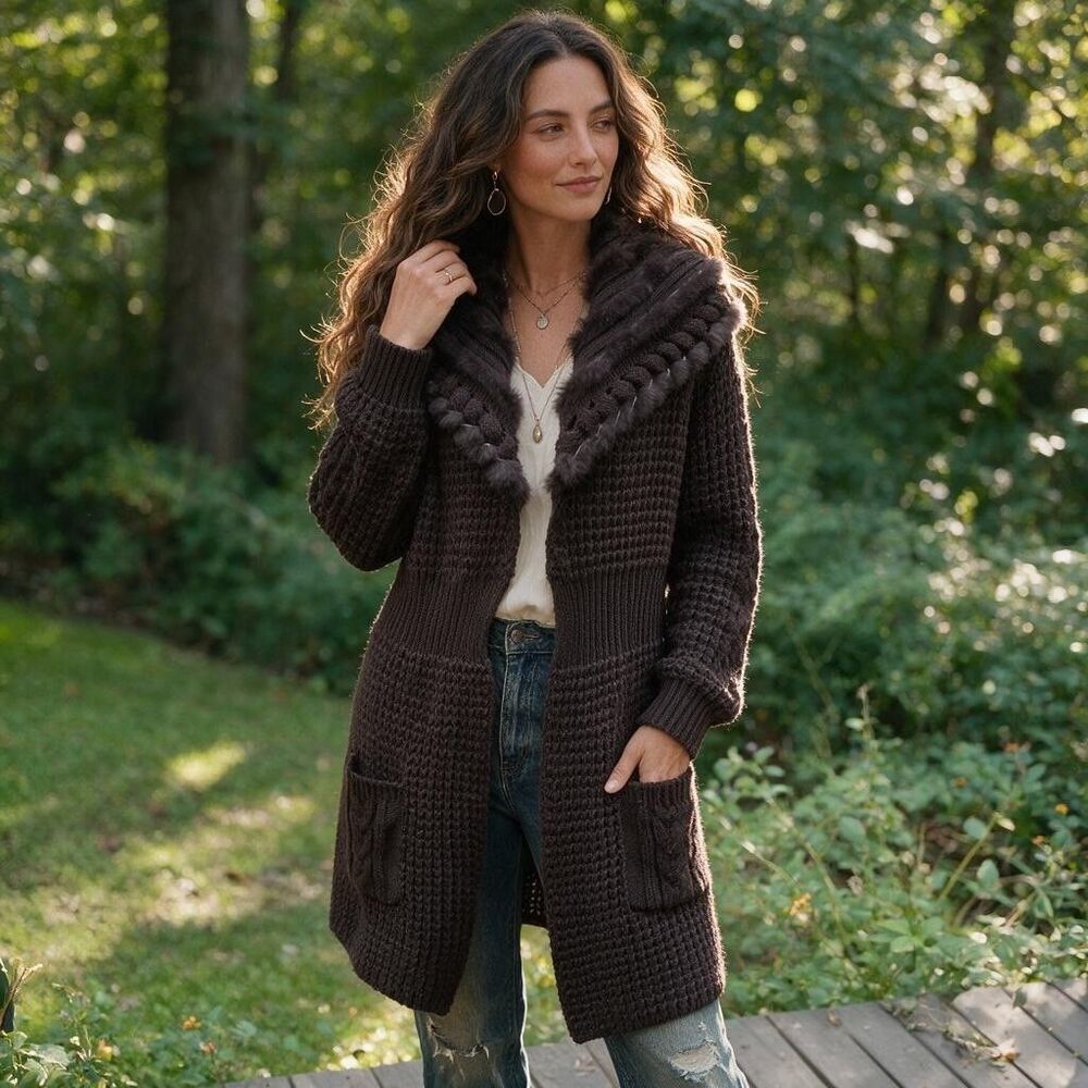 Sioni Y2K Fairy Boho Bratz Rabbit Fur Trim Long Cardigan Mocha Brown Wool XL